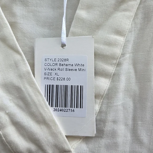 Oliphant V-Neck Roll Sleeve Mini Dress Bahama White Ecru Size XL - Picture 4 of 7